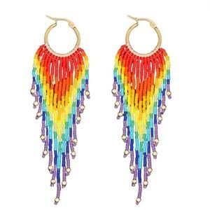 NWT Rainbow Beaded Fringe Earrings – Pride Statement Hoops – Lightweight Trendy